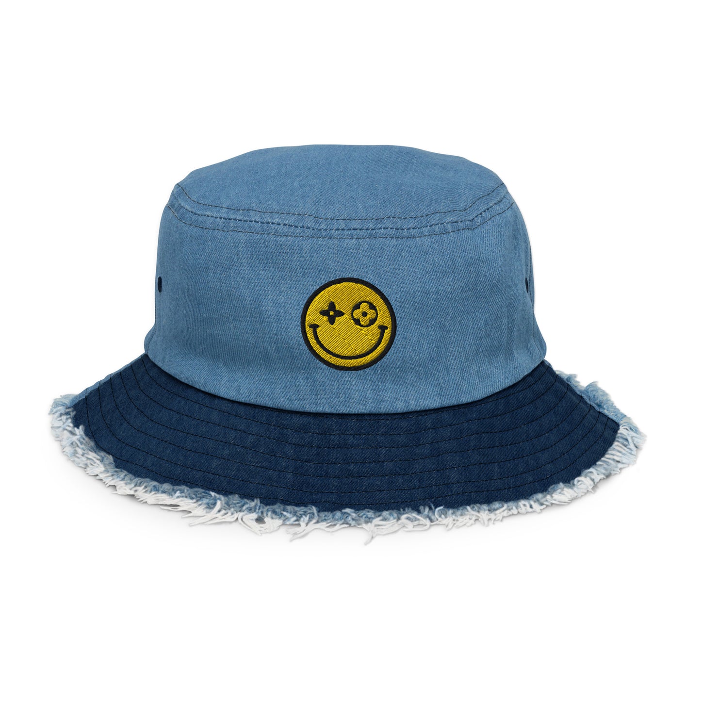 Highend Happy Face Distressed denim bucket hat