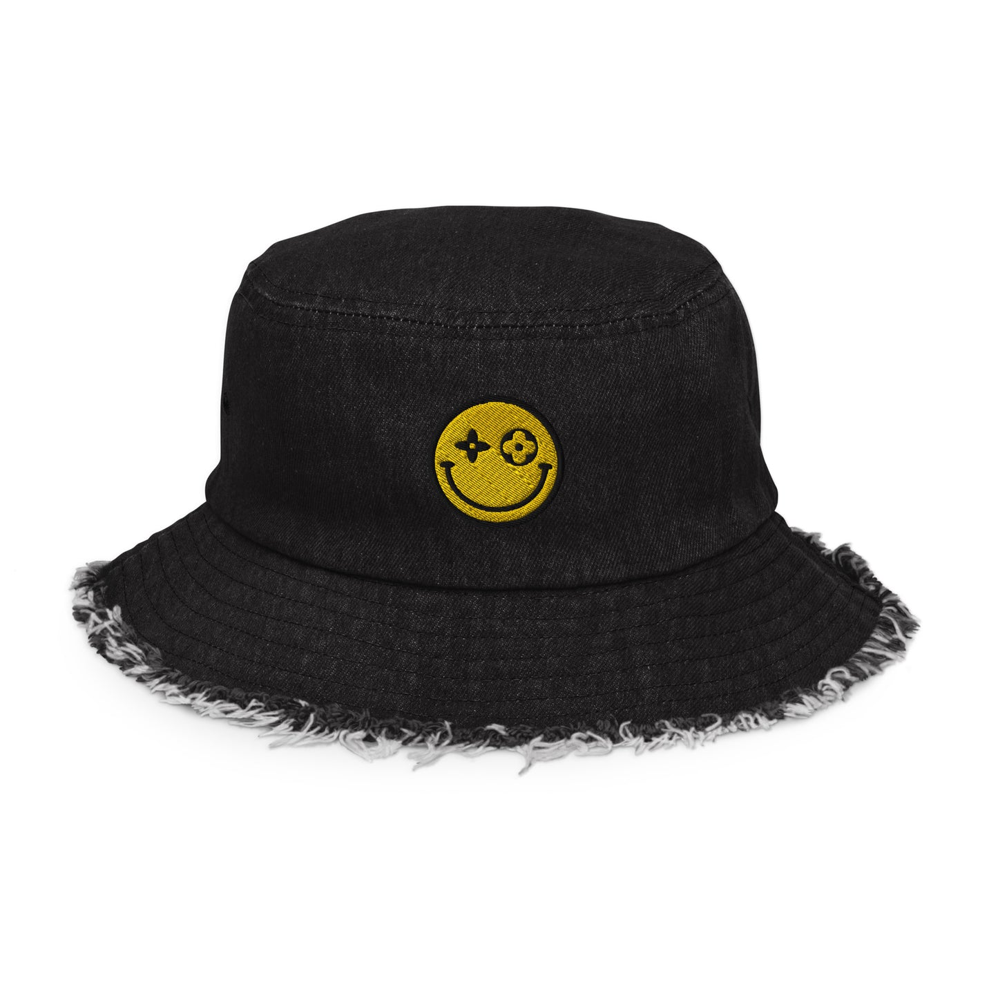 Highend Happy Face Distressed denim bucket hat