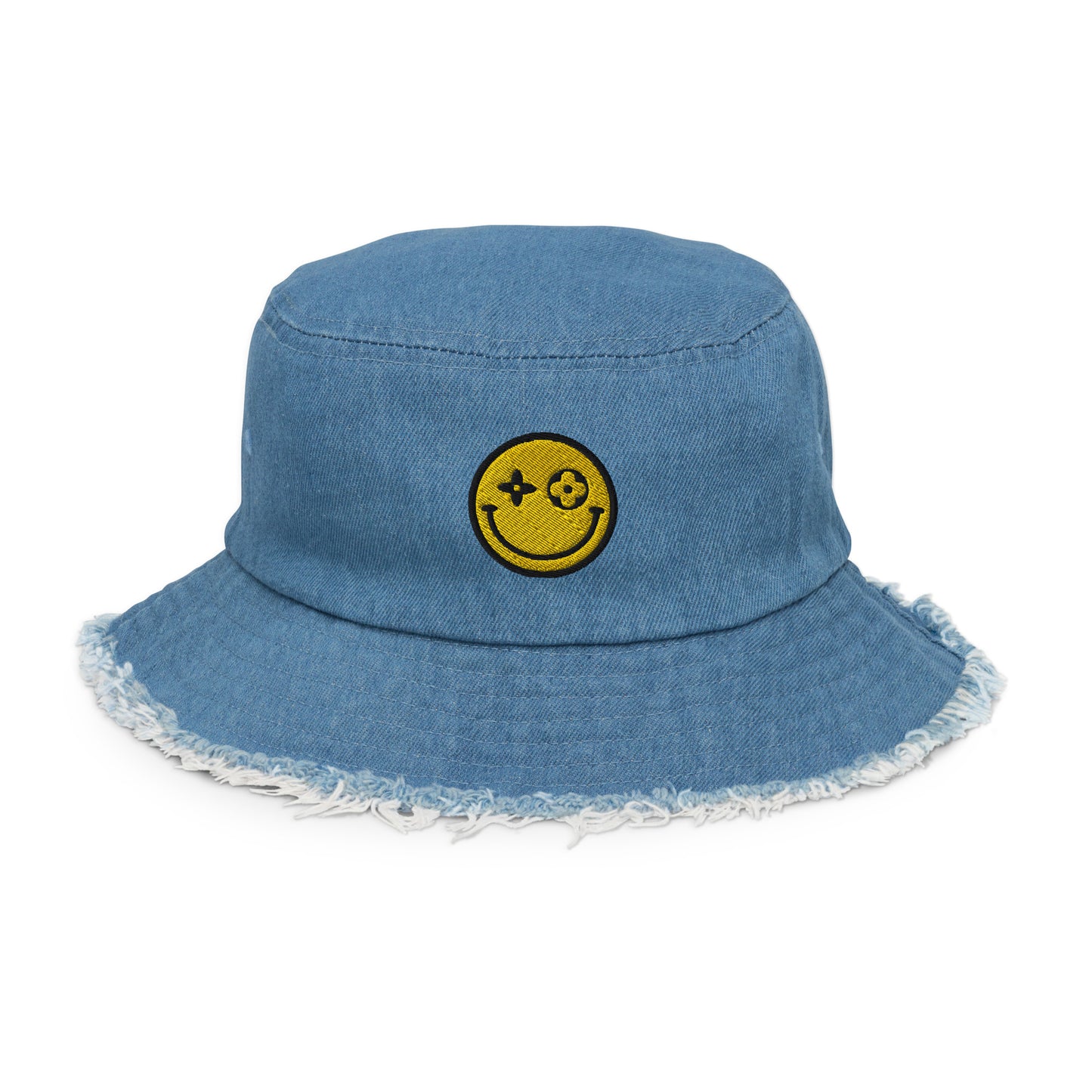 Highend Happy Face Distressed denim bucket hat
